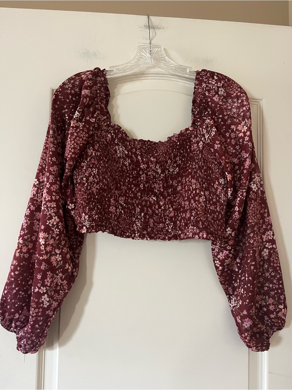 Altar’d State Smocked Floral Crop Top - Burgundy- long sleeve Size Small